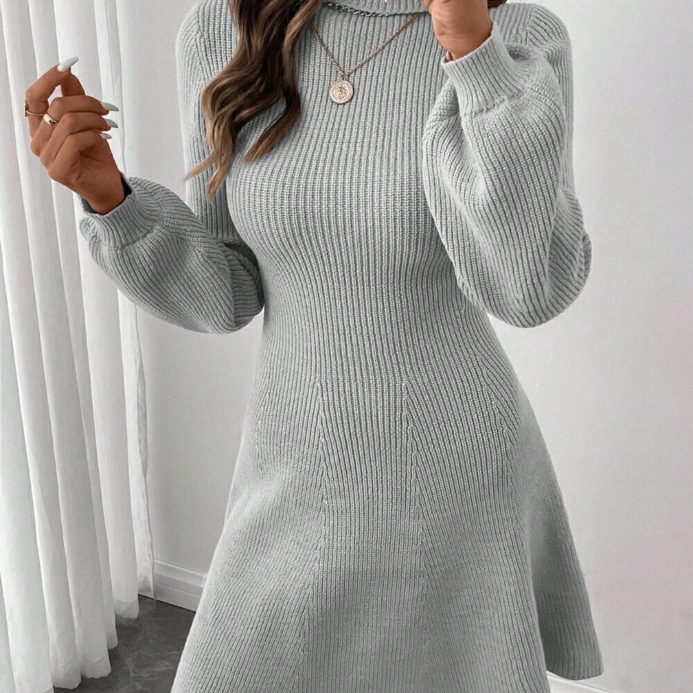 Grey Casual Women's Turtleneck Lantern Sleeve Flare Hem Sweater Dress
